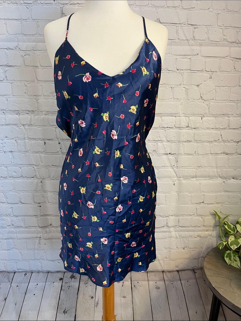 Victoria's Secret Navy Floral Satin Slip Chemise Dress